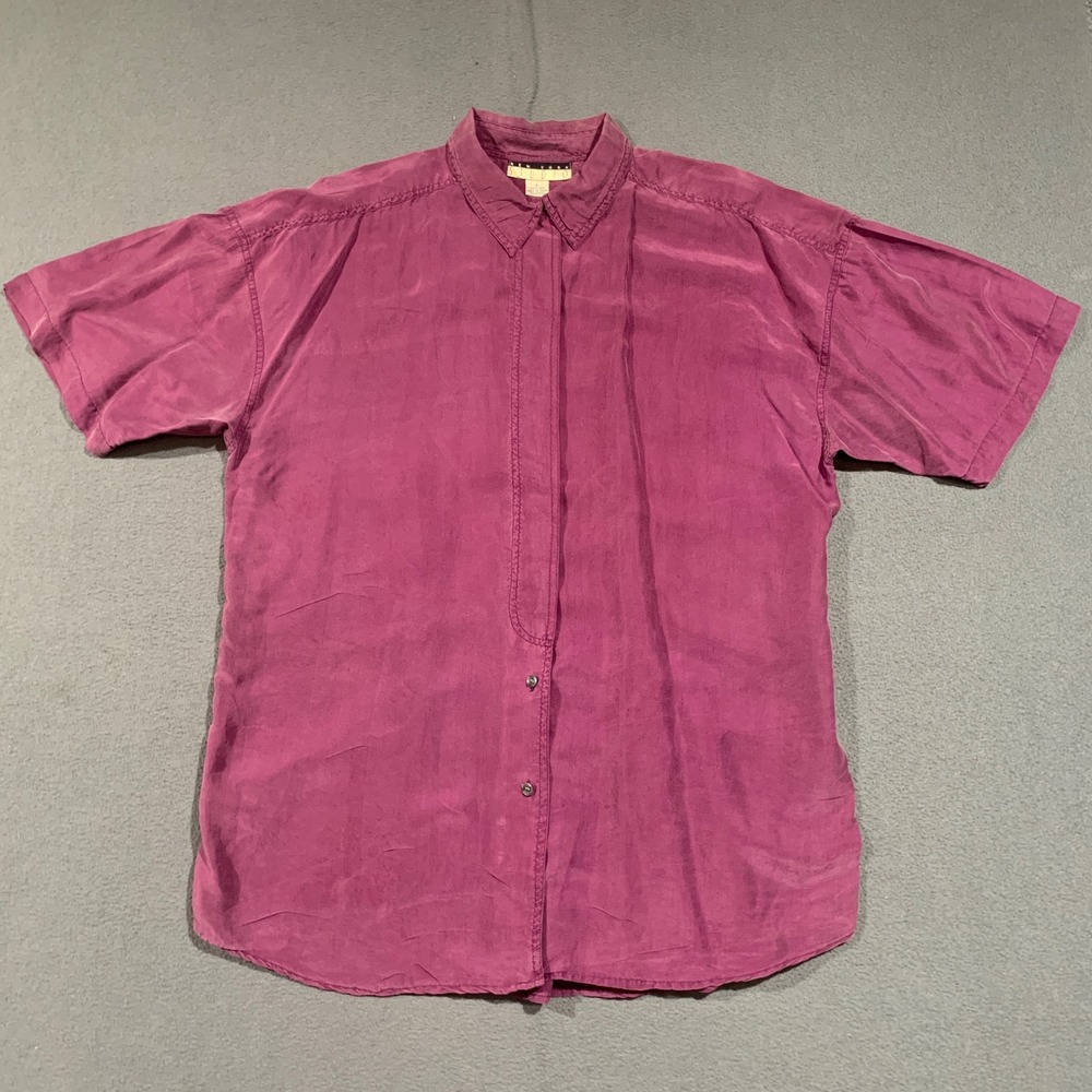 New York Studio Womens L‎ Vintage 100% Silk SS Button Down Shirt Magenta Long